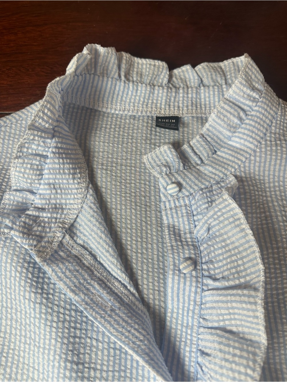 SHEIN Light Blue & White Striped Ruffle Collar Blouse